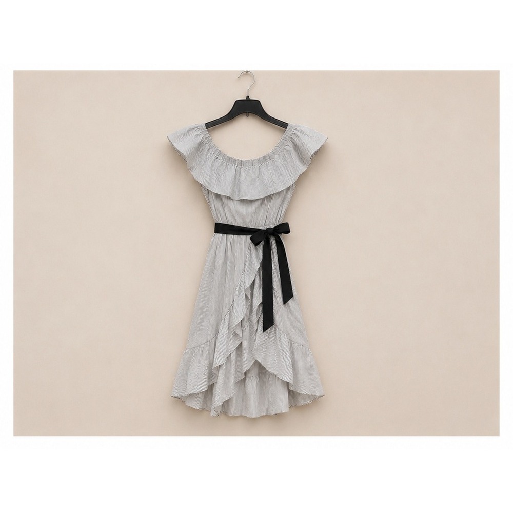 Maje Women Dress 1 Navy White Pinstripe Rigate Imprime Off-Shoulder Ruffle Mini